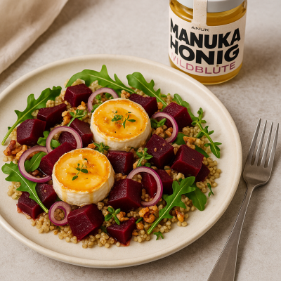 Quinoasalat mit Roter Beete, Ziegenkäse und Manuka-Honig